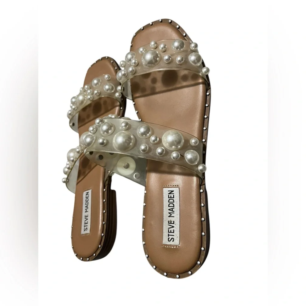 Size 9 Steve Madden Pearl-Embellished Clear Strap Slide Sandals - Nude/Tan - Picture 3 of 8